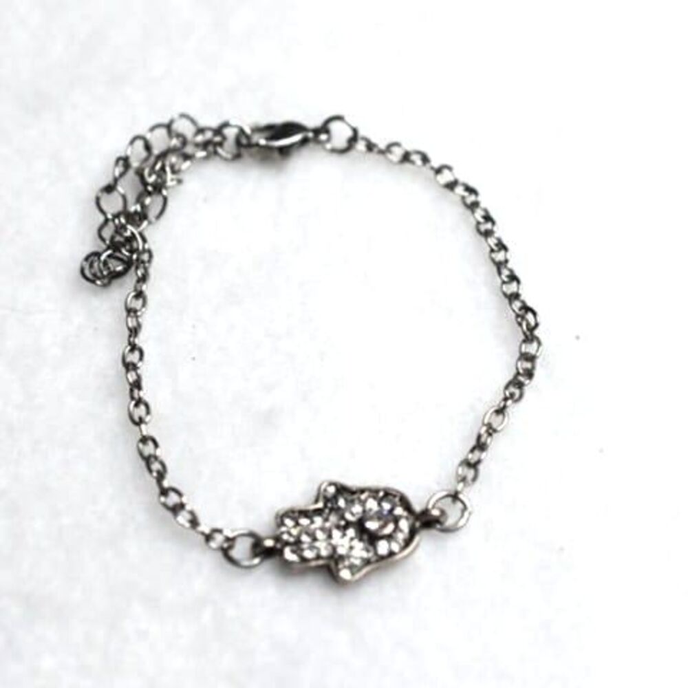 Glittering Hamas Rhinestone Hand Silver Tone Link Chain Gently Worn 6" Bracelet